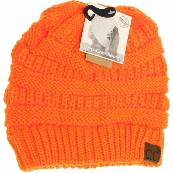 Neon Orange Criss-Cross Ponytail Beanie