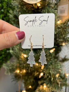 Silver Christmas Tree Glitter Dangle Earrings