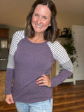 Eggplant Raglan Striped Sleeve Top