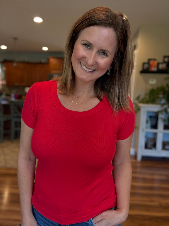 Charley Ribbed Tee in Ruby