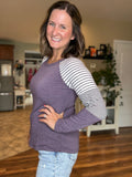 Eggplant Raglan Striped Sleeve Top