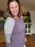 Eggplant Raglan Striped Sleeve Top