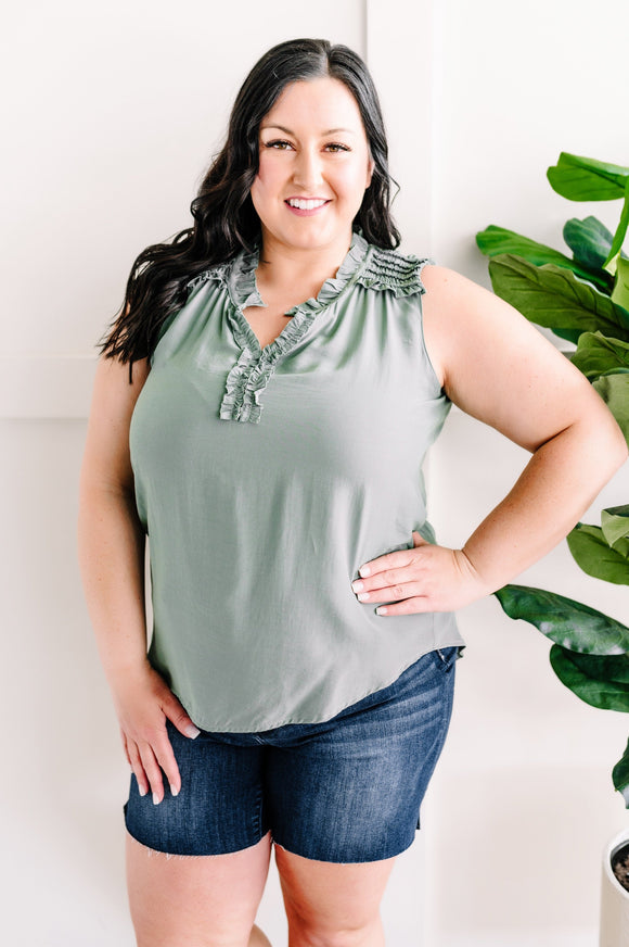 Ruffled Detail Sleeveless Top In Silky Sage