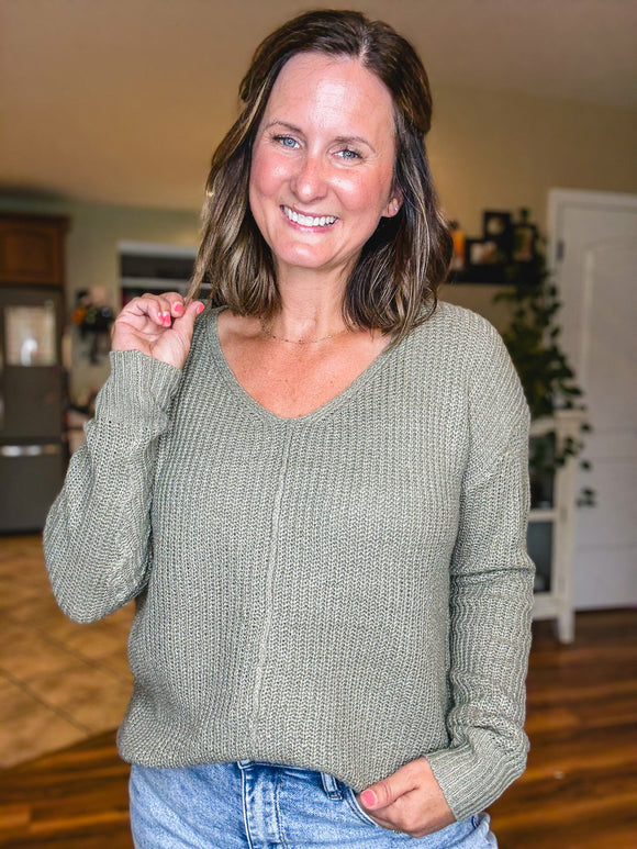 Cozy V Neck Sweater in Light Olive