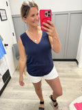 Navy Smocked Shoulder Tank