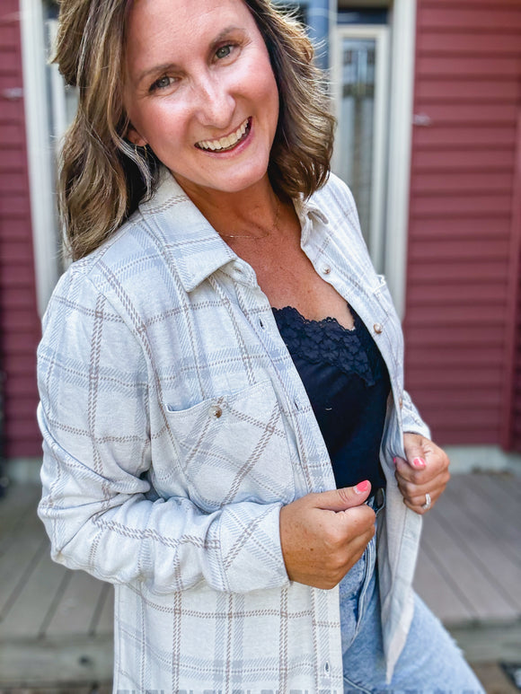 Kendra Shacket in Tan Oatmeal Grey Plaid