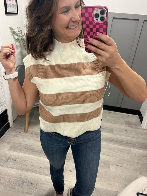 Mocha Striped Mock Neck Sweater