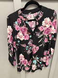 Gabby Button Top in Black Pink Floral