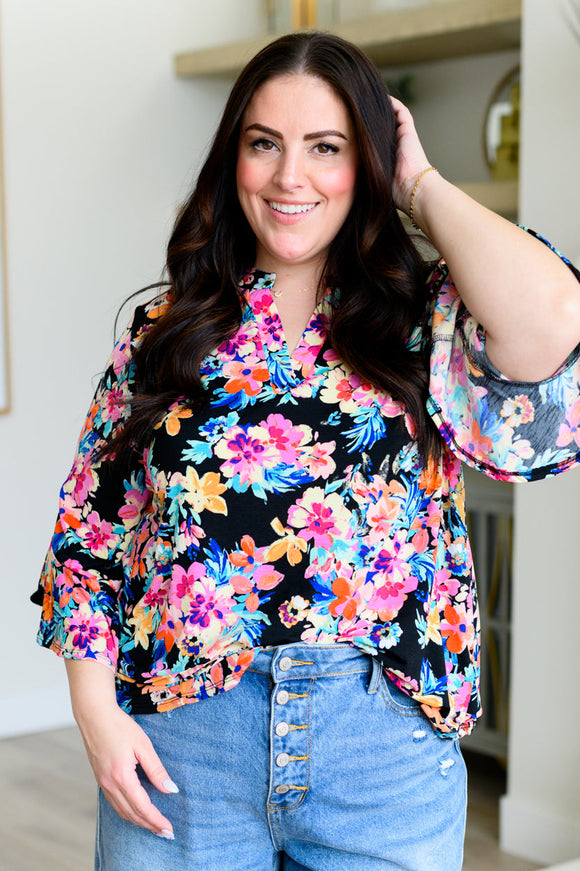 Lizzy Bell Sleeve Top Black and Teal Tropical Floral