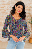 Willow Bell Sleeve Top in Navy Rainbow Rope