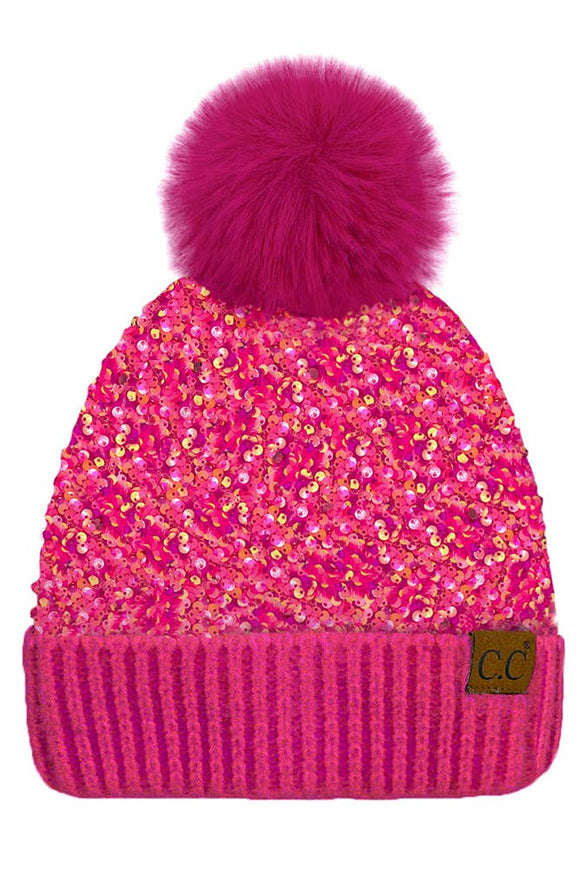 Hot Pink C.C Sequin Fur Pom Beanie