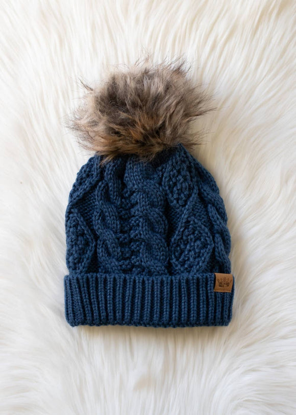Steel Blue Cable Knit Pom Hat