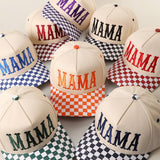 MAMA Embroidered Checkered Brim Trucker Hat: NAVY / ONE SIZE