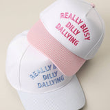 REALLY BUSY DAILLY DALLYING Embroidered Seersucker Brim Hat: PINK / ONE SIZE