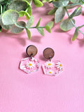 Clear Daisy Earrings with round walnut stud topper