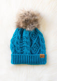 Sapphire Blue Cable Knit Pom Hat
