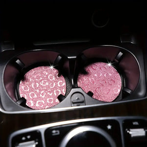 Pink Sparkle Leopard Car Coaster Set