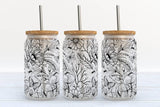 Black Line Art Florals 16oz Libbey Glass Frosted Tumbler