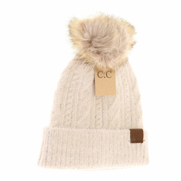 Beige Soft Cuff Cable Knit Fur Pom C.C Beanie