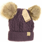 Kids' Violet Cable Knit Double Fur Pom Beanie