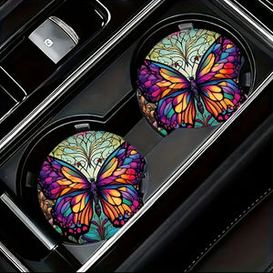 Stained Glass Butterfly Marble Car Coaster Set