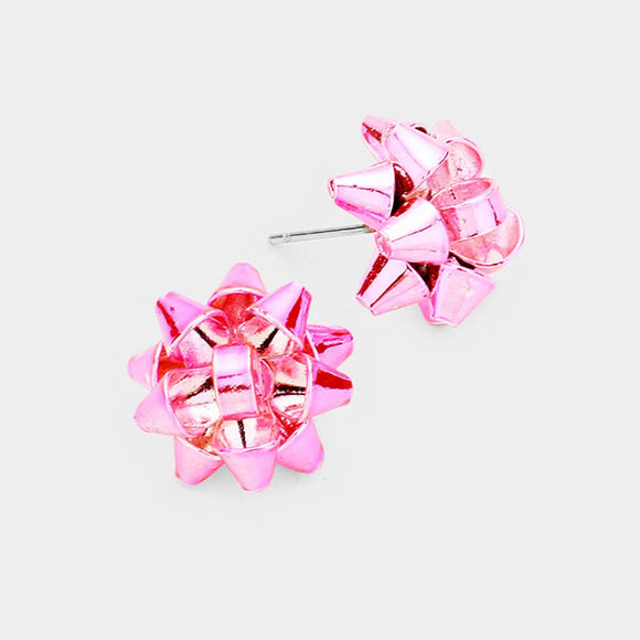 Pink Christmas Gift Bow Stud Earrings