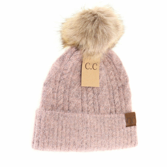 Rose Soft Cuff Cable Knit Fur Pom C.C Beanie