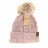 Rose Soft Cuff Cable Knit Fur Pom C.C Beanie
