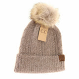Taupe Soft Cuff Cable Knit Fur Pom C.C Beanie