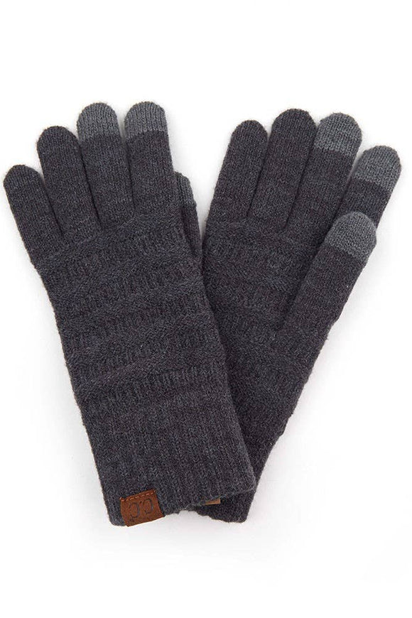 Dark Grey C.C Solid Ribbed Knit Gloves