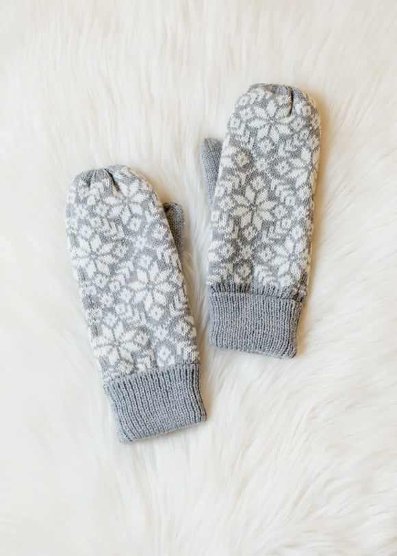 Grey Snowflake Lined Cable Knit Mittens