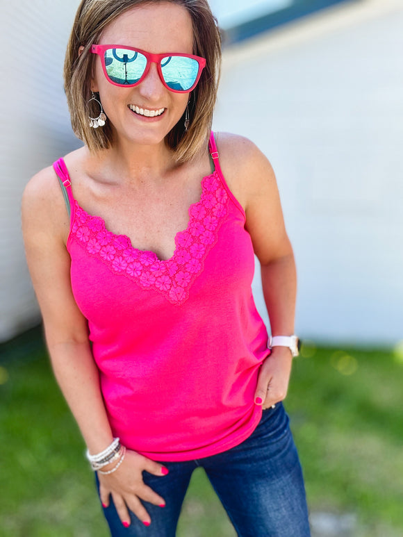 Spicy Pink Lace Trim Tank