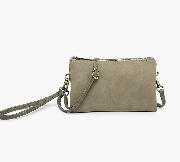 Olive Suede All The Pockets Crossbody Wristlet