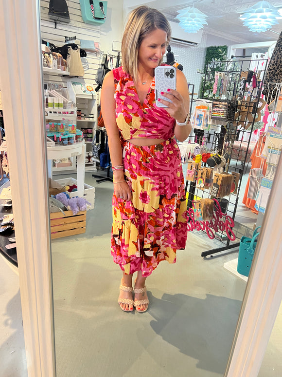 Tropical Cutout dress in Pink Combo