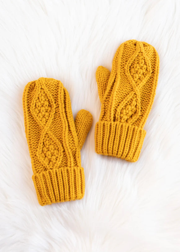 Mustard Lined Cable Knit Mittens