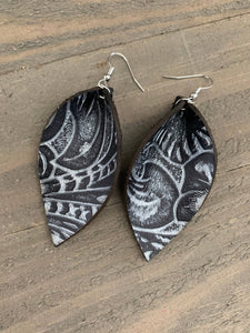 Black and Silver Floral Western Leather Earrings