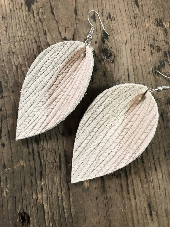 Cream Palm Leaf Textured Leather Earring