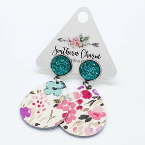 Teal Sparkles & Pink Watercolor Floral Dangles (leather)