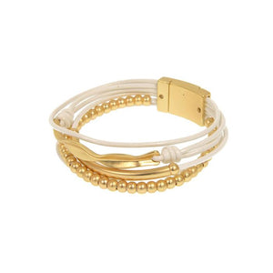 White Leather and Gold Multi Strand Bracelet