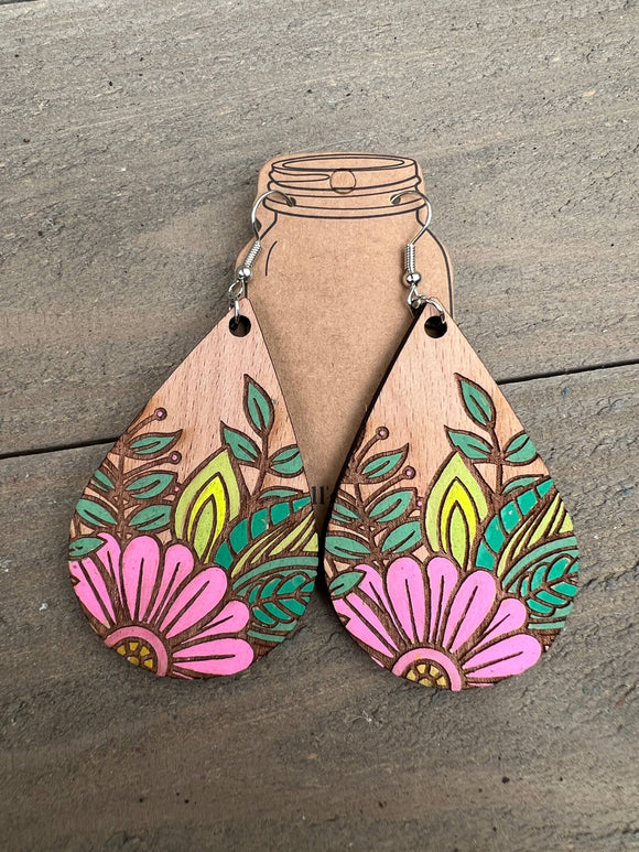 Pink Daisy Floral Engraved Hand painted Wood Earrings