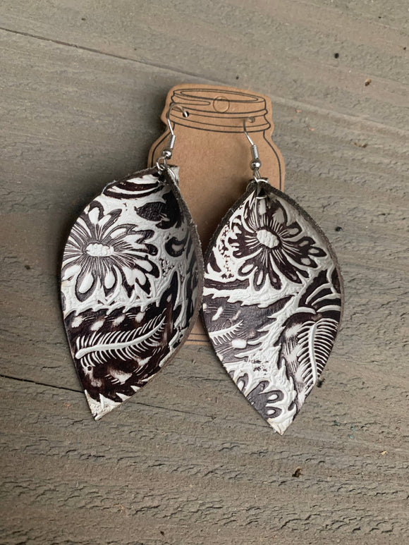 Cream and Brown Western Floral Leather Earrings
