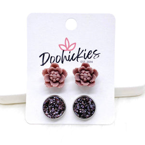 12mm Mauve Flowers & Plum Rust in Stainless -Earrings