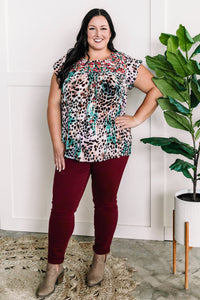 Embroidered Floral and Animal Print Blouse In Teal Multi