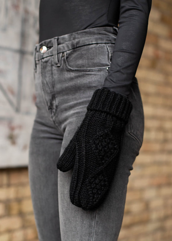Black Lined Cable Knit Mittens