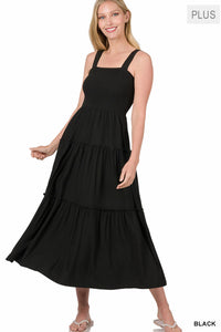Smocked Tiered Dress in Black