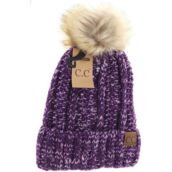 Purple Lined Knit CC Pom Pom Hat