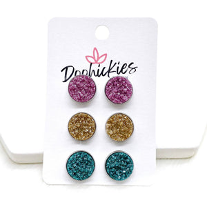 12mm Lilac/Champagne/Teal Glitter in Stainless -Earrings