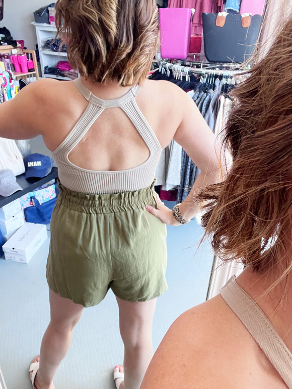 Open Back Ribbed Crop Tank in Taupe