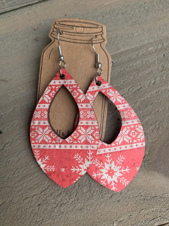 Red Christmas Sweater Leather Cork Dangles